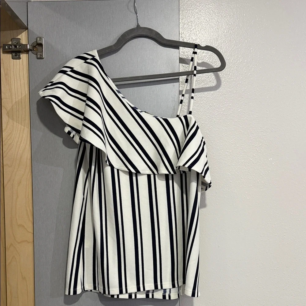 Banana Republic One-Shoulder Ruffle Striped Top - White & Navy - Picture 2 of 2